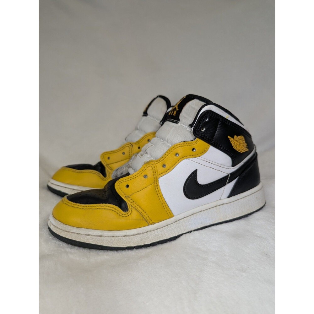 Nike Air Jordan 1 Mid Shoes Black White Yellow Ochre Kids Sz 5.5Y